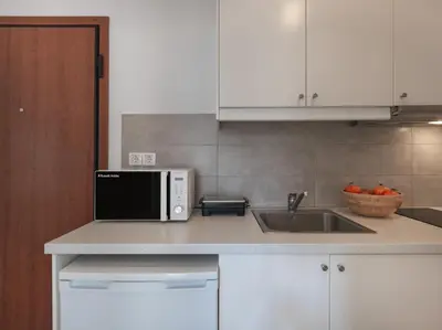 a kitchen with a sink and a microwave at Beautiful Athenian apartment with terrace in Athens
