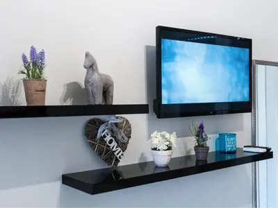 a flat screen tv sitting on a shelf with plants at Konstantinou Apartment - smart & roof top terrace in Athens