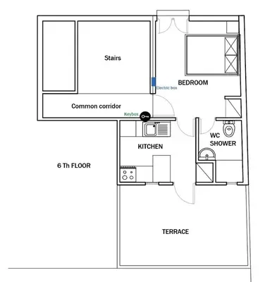 a floor plan of a small house at Konstantinou Apartment - smart & roof top terrace in Athens