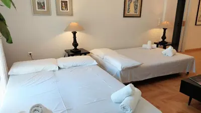 two beds in a room with white sheets and pillows at Elegant apartment in Acropolis in Athens