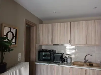 a kitchen with a sink and a microwave at AIOLOS LUXURY agios dimitrios center apartment 4 in Athens