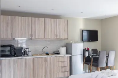a kitchen with wooden cabinets and a white refrigerator at AIOLOS LUXURY agios dimitrios center apartment 4 in Athens
