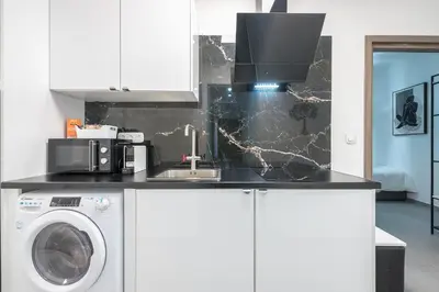 a kitchen with a washing machine and a sink at Iguana Gold Luxury Suites 2 ( 1 min from Ermou street) in Athens