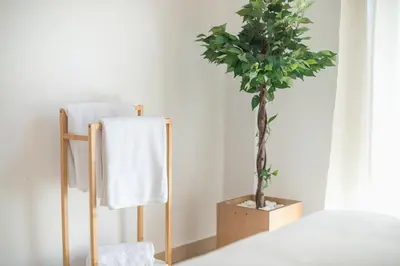 a bedroom with a tree and a towel and a chair at ATHENIAN HOME Near Acropolis in Athens