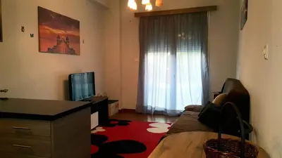 a living room with a couch and a television at Κεντρικό διαμερισμα άνετο κ ήσυχο in Athens
