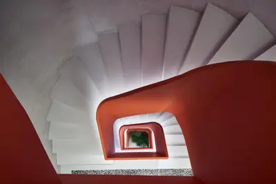 a room with a red and white ceiling at The Newel Metaxourgeio by Athens Stay in Athens