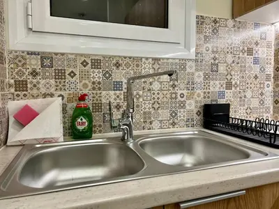 a stainless steel kitchen sink with a bottle of soda at Cute Corner In The Centre VIPGreece in Athens