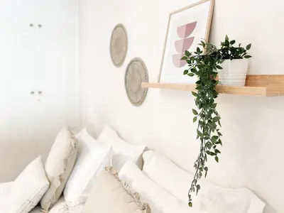 a shelf above a couch with pillows and a plant at Boho Chic 2BR Apartment in the Center of Athens in Athens