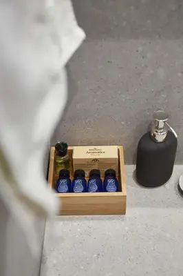 a wooden box with blueberries and a bottle of ink at Artemis Suite at Acropolis Historic Center in Athens
