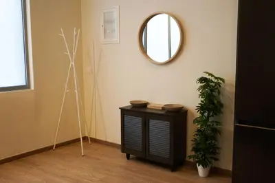 a room with a dresser and a mirror and a plant at Boho Privet Flat in Athens in Athens