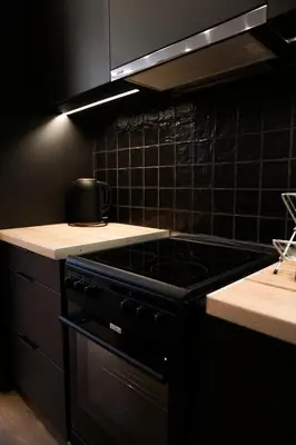 a black stove top oven in a kitchen at Boho Privet Flat in Athens in Athens