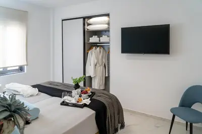 a bedroom with a bed with a tv and a chair at The Lop Athens Holidays Luxury Suites in Athens