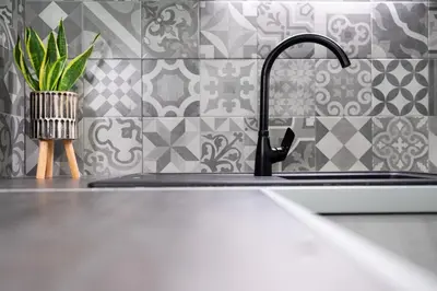 a kitchen sink with a faucet and a plant at apt Eleven - cozy apartment with garden in Athens
