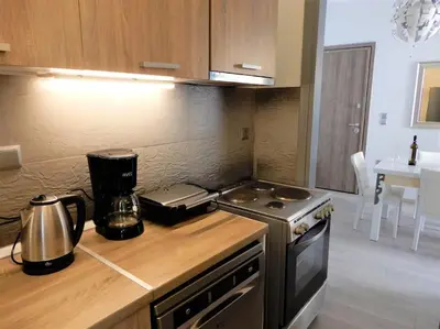 a kitchen with a counter with a blender on it at A-07! 2' walk 2 Acropolis Museum! 2BR-Sunny terrace! Extra fees for 2nd room in Athens
