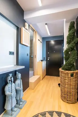 a hallway with blue walls and a potted plant at Athens Skyline Loft in Athens