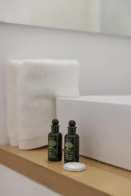two bottles of soap on a shelf in a bathroom at Lovely 1-bedroom apt with balcony in Athens