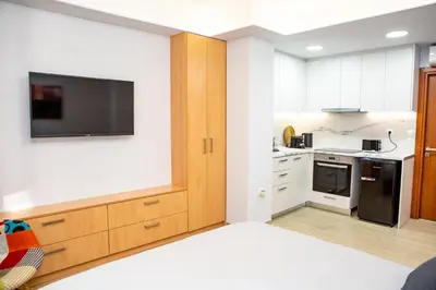 a kitchen with a flat screen tv on a wall at Studio apartment with all amenities in Kolonaki in Athens