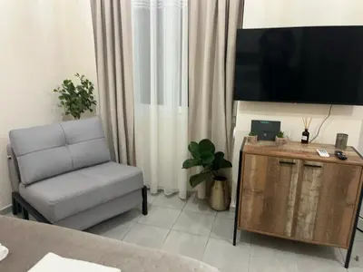 a living room with a chair and a flat screen tv at Golden Fleece Apartment VIPGreece in Athens