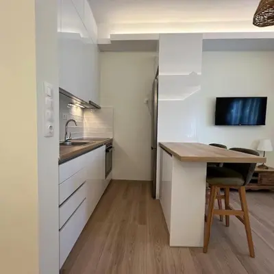 a kitchen with a counter and a sink and a refrigerator at Luxury Studio “Atene” in Athens