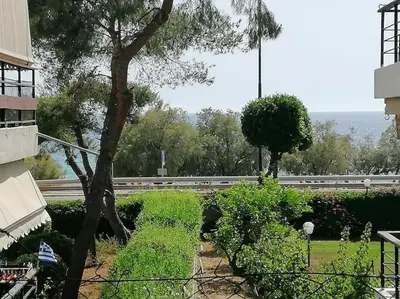 a view of a garden with a tree and a road at Cosy and Relax Studio by the sea, with garden in Saronida