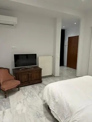 a bedroom with a bed and a flat screen tv at Palace Apartment in Athens
