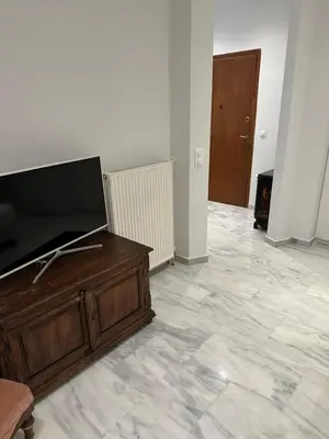 a living room with a flat screen tv on a wooden cabinet at Palace Apartment in Athens
