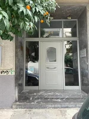 an entrance to a building with a white door at Kallithea Gold Apartment greendom in Athens