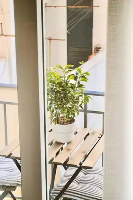 a potted plant sitting on a wooden table on a balcony at GPK Lux 2BR - 7 min walking to Acropolis in Athens