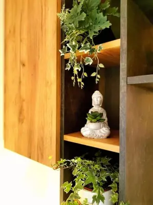 a shelf with a statue and some plants on it at Lucy's apartment in Athens
