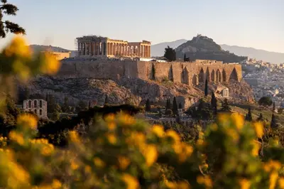 a view of the acropolis of athens from a hill with flowers at Secret Garden Downtown in Athens