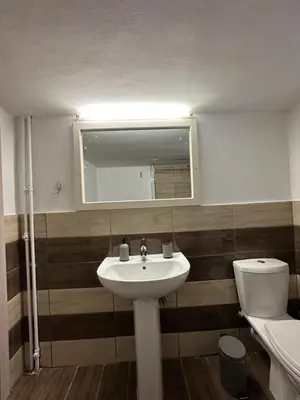 a bathroom with a sink and a mirror and a toilet at Όμορφο διαμέρισμα (Αργυρούπολη) in Athens