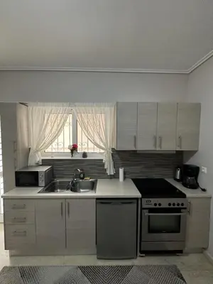 a kitchen with a sink and a stove top oven at Όμορφο διαμέρισμα (Αργυρούπολη) in Athens