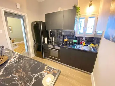 a kitchen with a black refrigerator and a sink at Luxury Vacation by LV in Athens