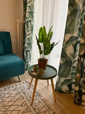 a living room with a table and a plant at Marina Alkamenous apartment in Athens