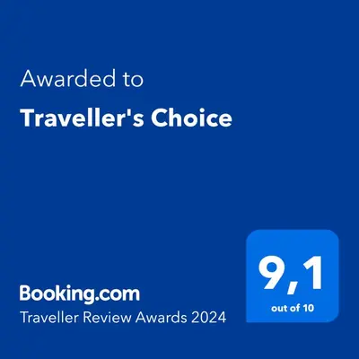 a blue text box with the words awarded to travelers choice at Traveller's Choice in Athens