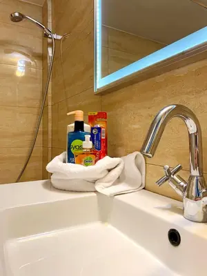 a bathroom sink with soap and cleaning products on it at Traveller's Choice in Athens