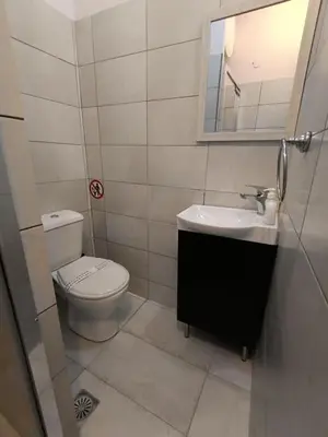 a bathroom with a toilet and a sink and a mirror at Lysandros Apartments in Athens, near the METRO in Athens