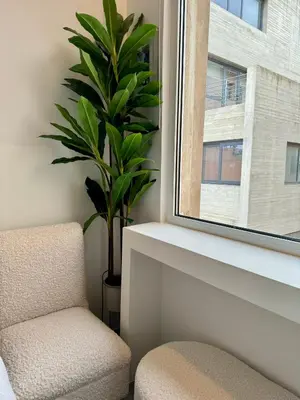 a chair and a plant sitting next to a window at VJ Athens in Athens