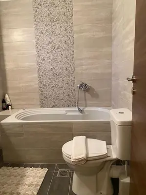 a bathroom with a toilet and a bath tub at DS Apartment (semi-basement) in Athens