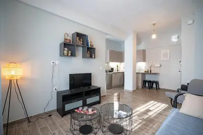 a living room with a couch and a tv and a table at Athens center 1 bedrm 4 pers apartment by MPS in Athens