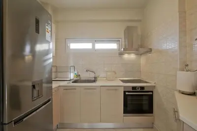 a small kitchen with a sink and a refrigerator at LucyZen! Stylish Apt, Athenian Riviera, near beach in Athens