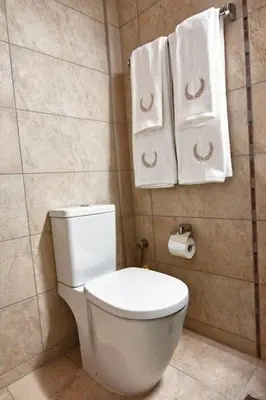 a bathroom with a white toilet and towels at Acropolis Luxury House in Athens