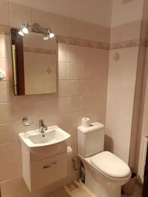 a bathroom with a toilet and a sink and a mirror at Alimos seaview apartment in Athens