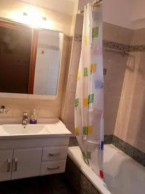 a bathroom with a sink and a shower curtain at Alimos seaview apartment in Athens