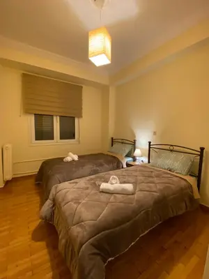a bedroom with two beds and a window at Elegant Apartment in Athens