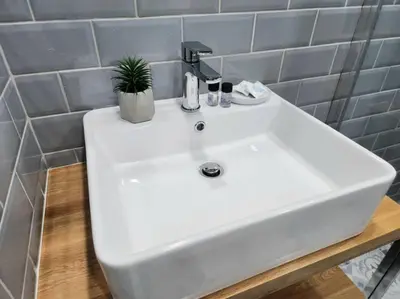 a white bathroom sink with a potted plant on it at Victoria Suite VIPGreece in Athens