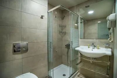 a bathroom with a shower and a sink and a toilet at Argo Hotel Piraeus in Piraeus