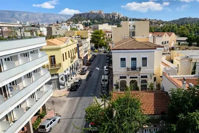 an aerial view of a city street with buildings at Apeiron Acropolis Suites in Athens
