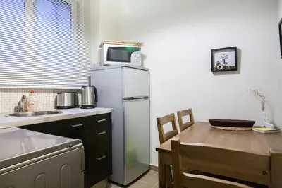 a kitchen with a refrigerator with a microwave on top at Acropolis Steps, City Apartment in Athens