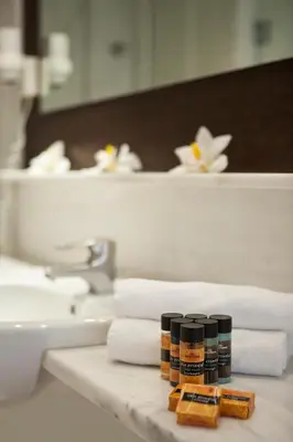 a bathroom with towels and a sink and a counter with some spices at Hermes Hotel in Athens